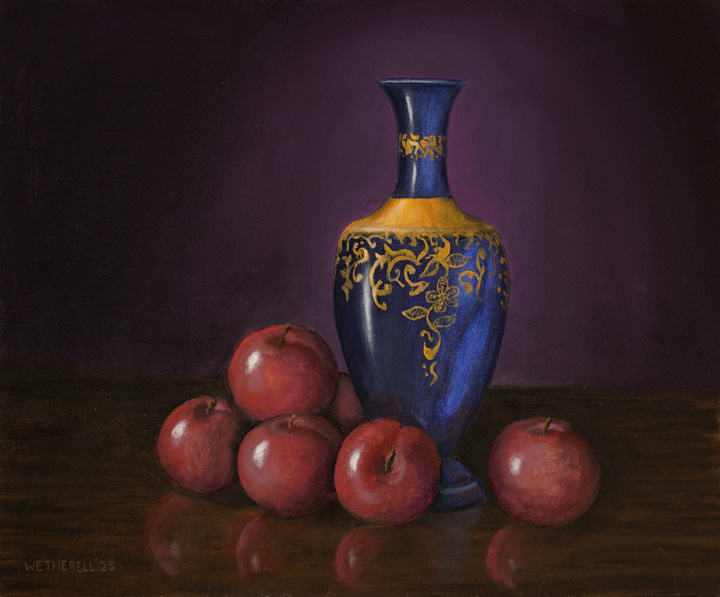 still life painting of blue vase with plums by Tim Wetherell