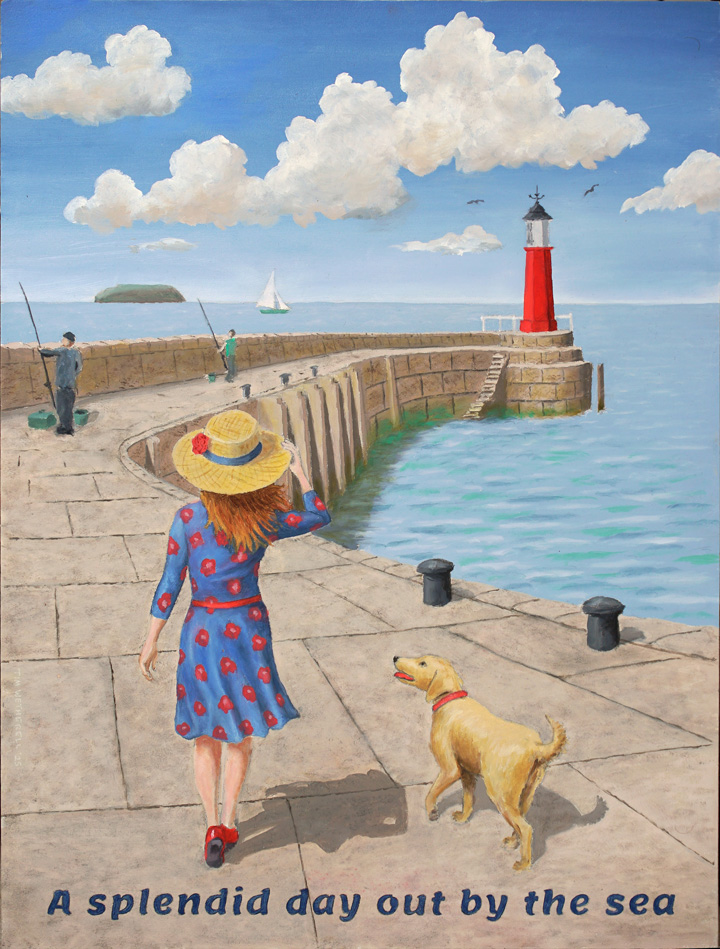 Watchet - A Splendid Day Out by the Sea oil painting by Tim Wetherell. In this painting a girl and her dog walk towards a red lighthouse at Watchet harbour.