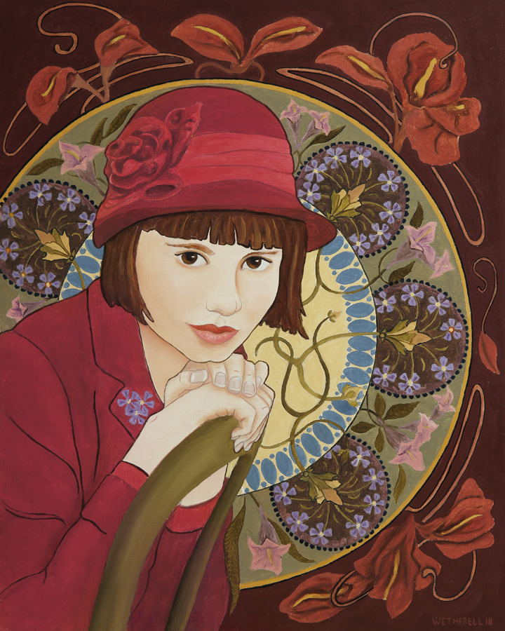 Girl in a Red Hat, Mucha style painting by Tim Wetherell